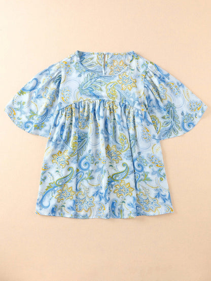 Elegant Sky Blue Paisley Pattern Flowy Blouse with Wide Sleeves