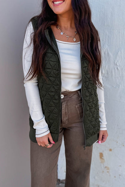 Blackish Green Quilted Texture Zip Up Hooded Vest