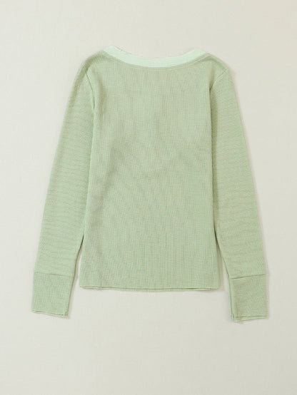 Green Textured Waffle Knit Henley Top