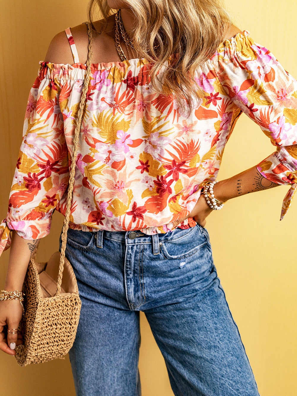 Floral Print Off Shoulder Blouse with Knot Detail