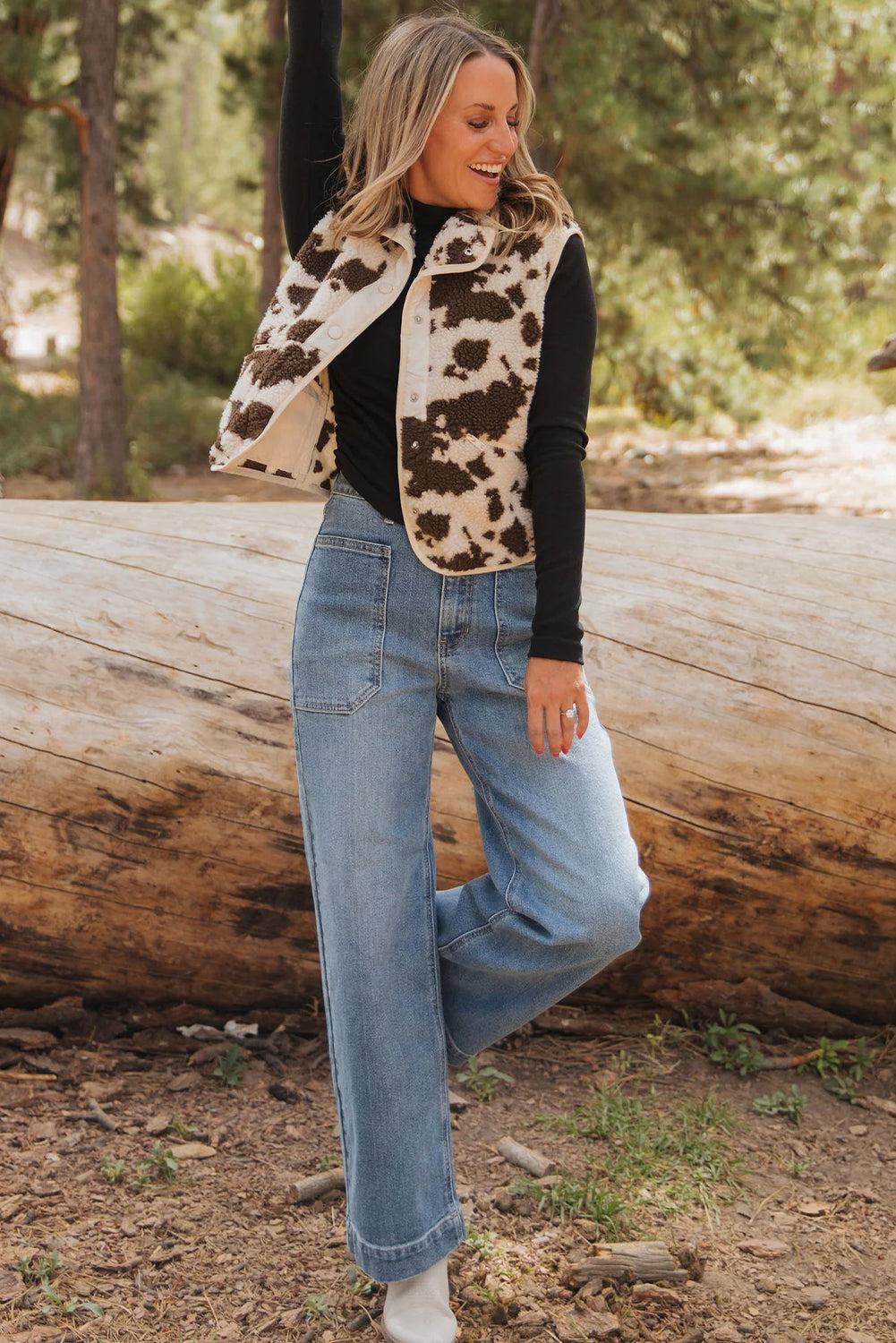 Brown Western Cow Spots Snap Button Sherpa Vest