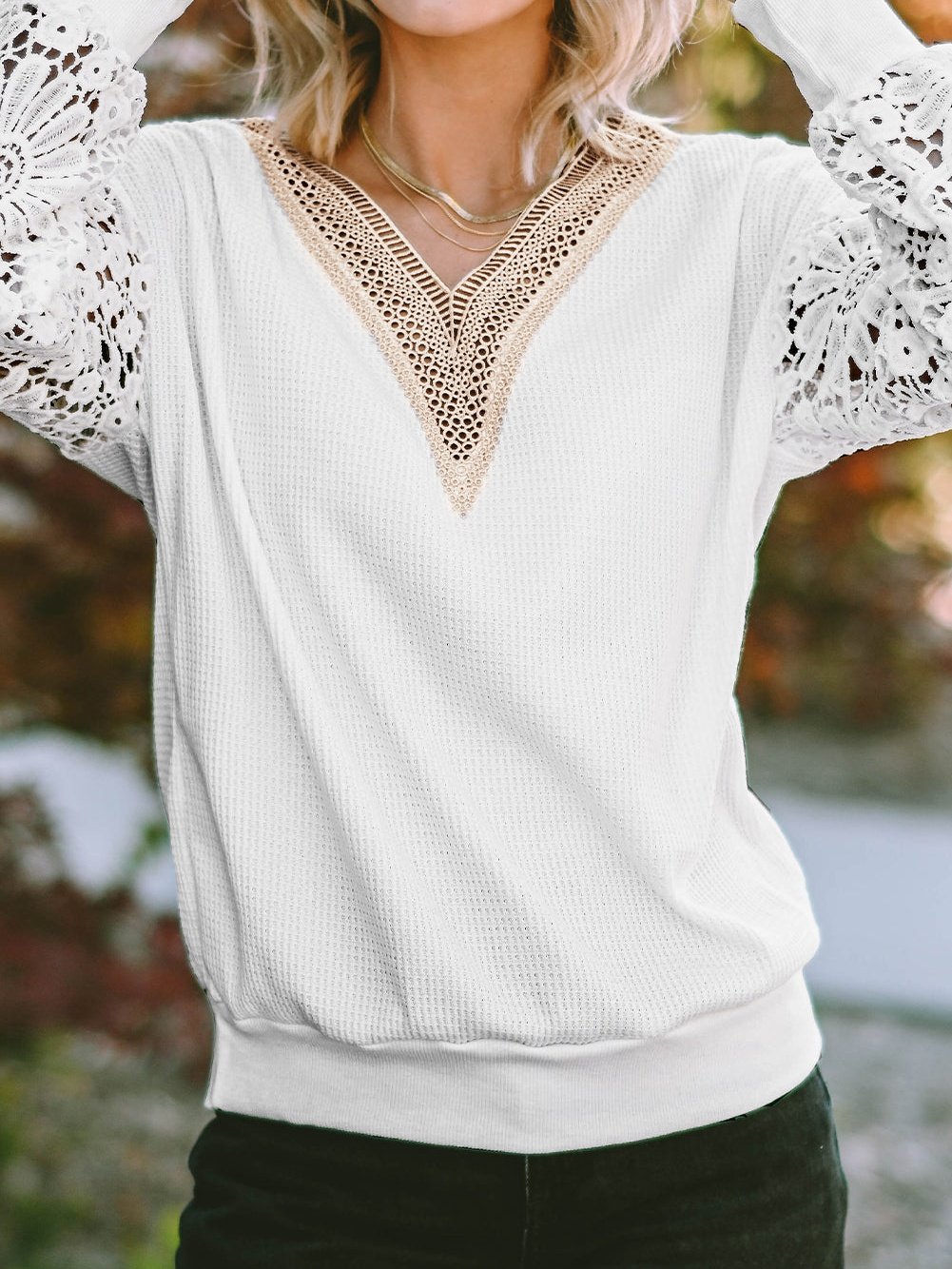 Elegant White Guipure Lace V-Neck Winter Top