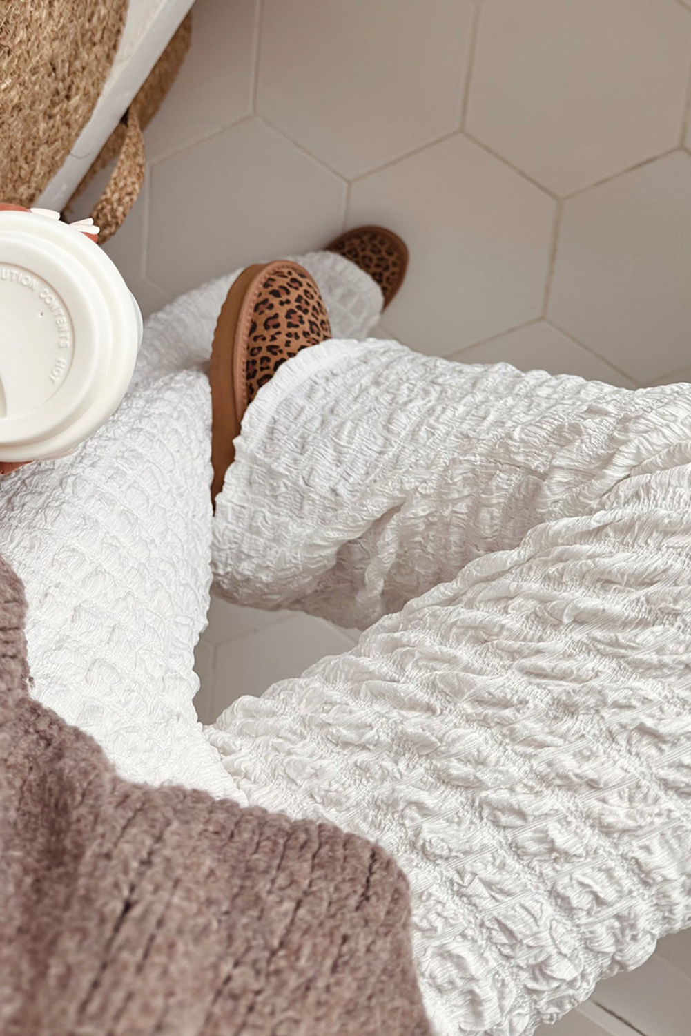 White Bubble Textured Straight High Waist Trousers