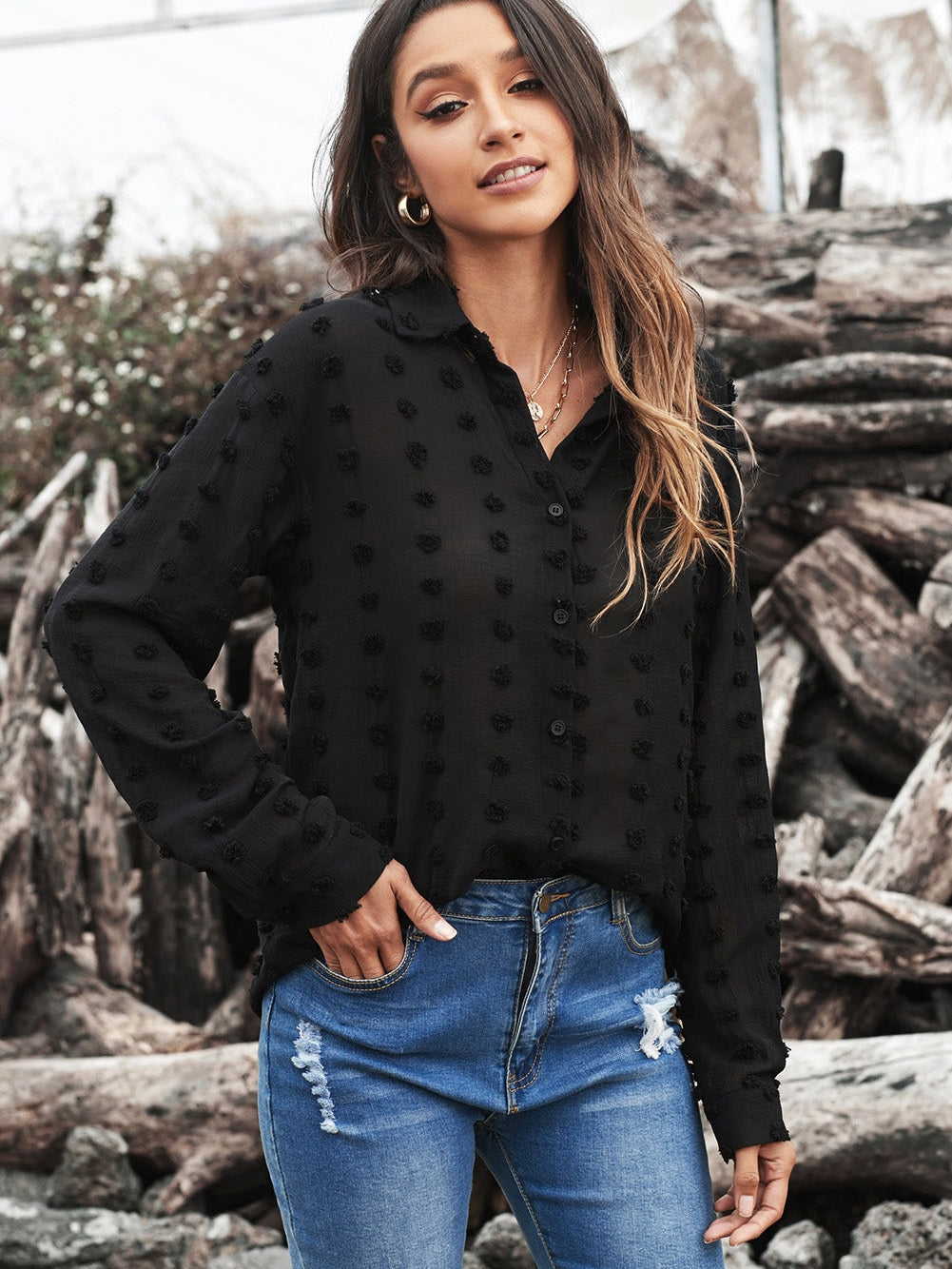 Elegant Black Polka Dot Fuzzy Button-Up Blouse