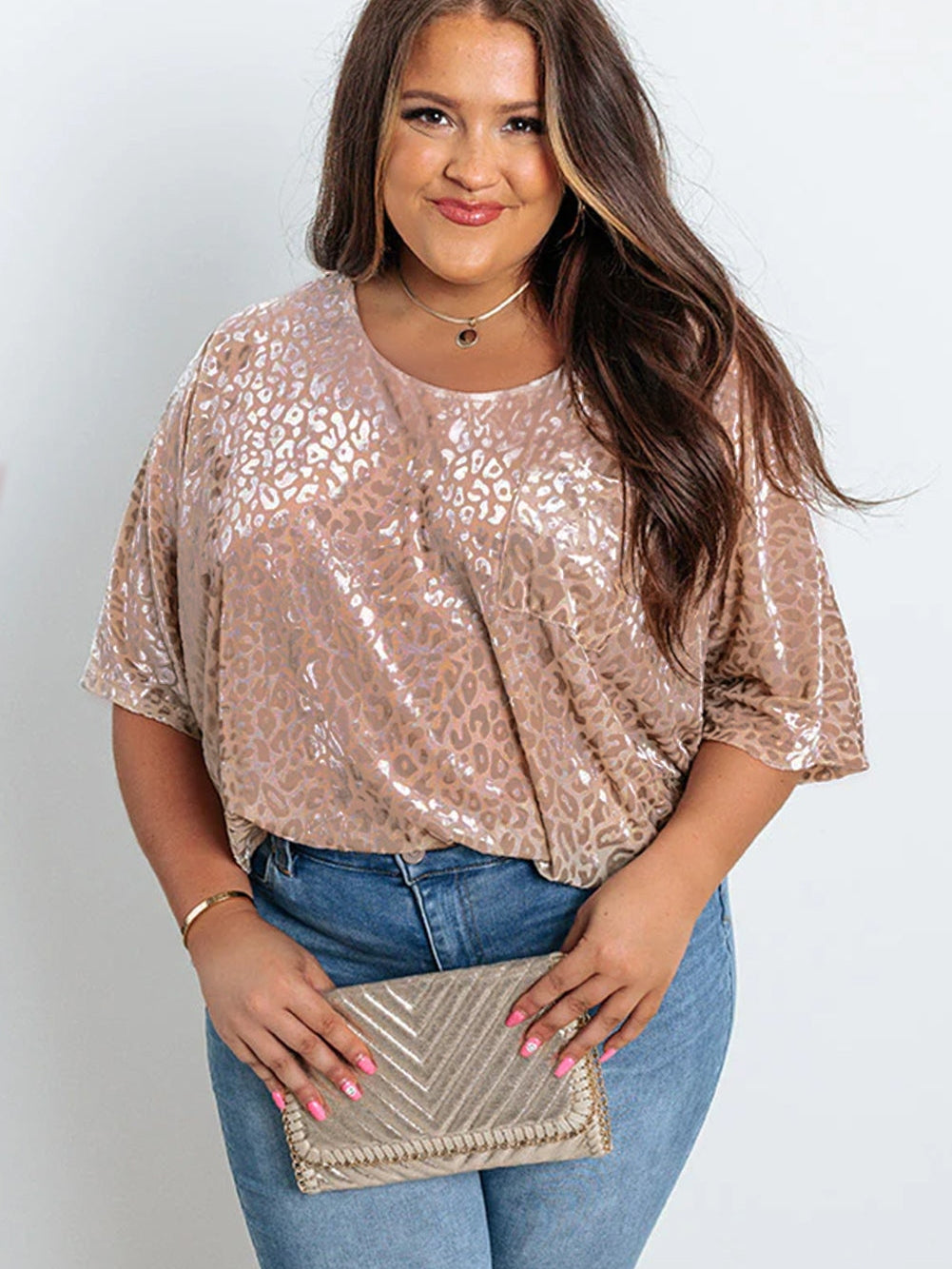 Plus Size Khaki Leopard Print V-Neck T-shirt