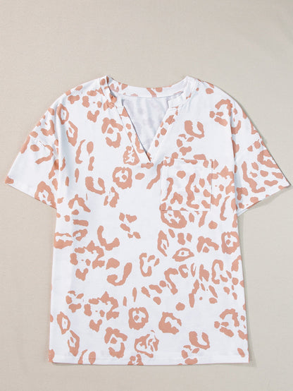 White Leopard Print V Neck Short Sleeve Plus Size Top