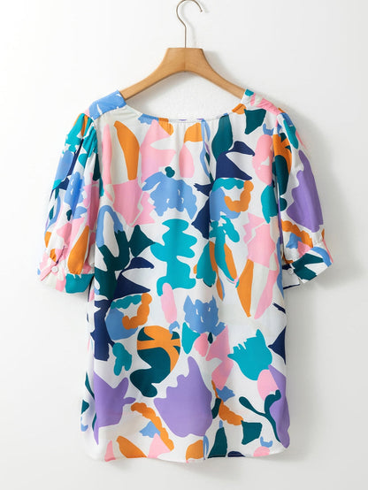 Sky Blue Geometric Print Puff Sleeve V Neck Top for Curvy Fashionistas