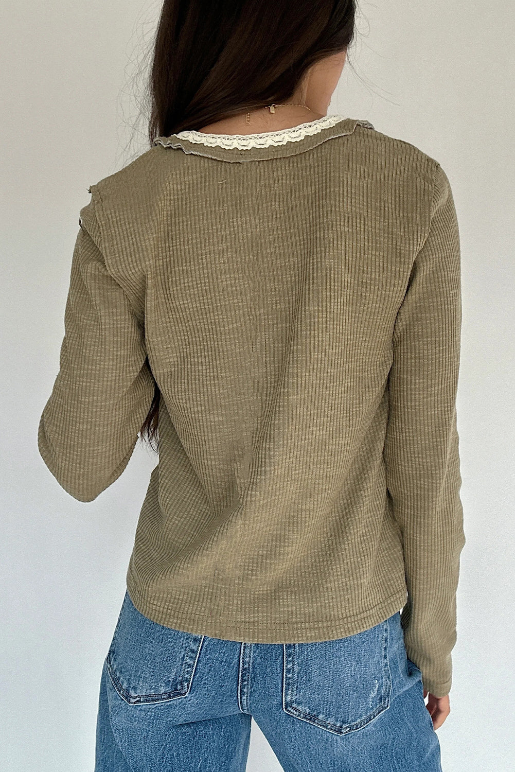 Sage Green Ribbed Knit Long Sleeve Lace Trim V Neck Buttoned Pullover Top