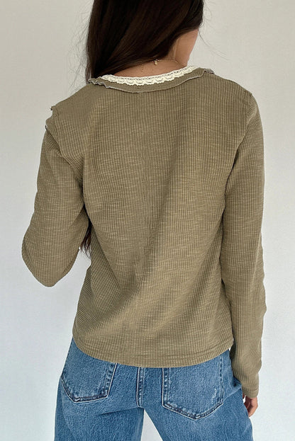 Sage Green Ribbed Knit Long Sleeve Lace Trim V Neck Buttoned Pullover Top