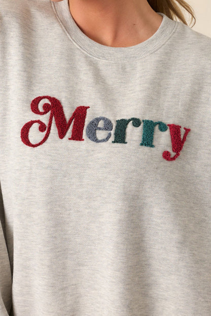 Light Grey Merry Chenille Letter Patched Drop Shoulder Sweatshirt