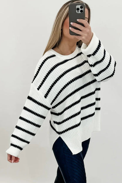 Black Stripe Ribbed Knit Drop Shoulder Loose Sweater