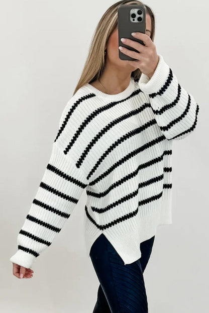 Black Stripe Ribbed Knit Drop Shoulder Loose Sweater