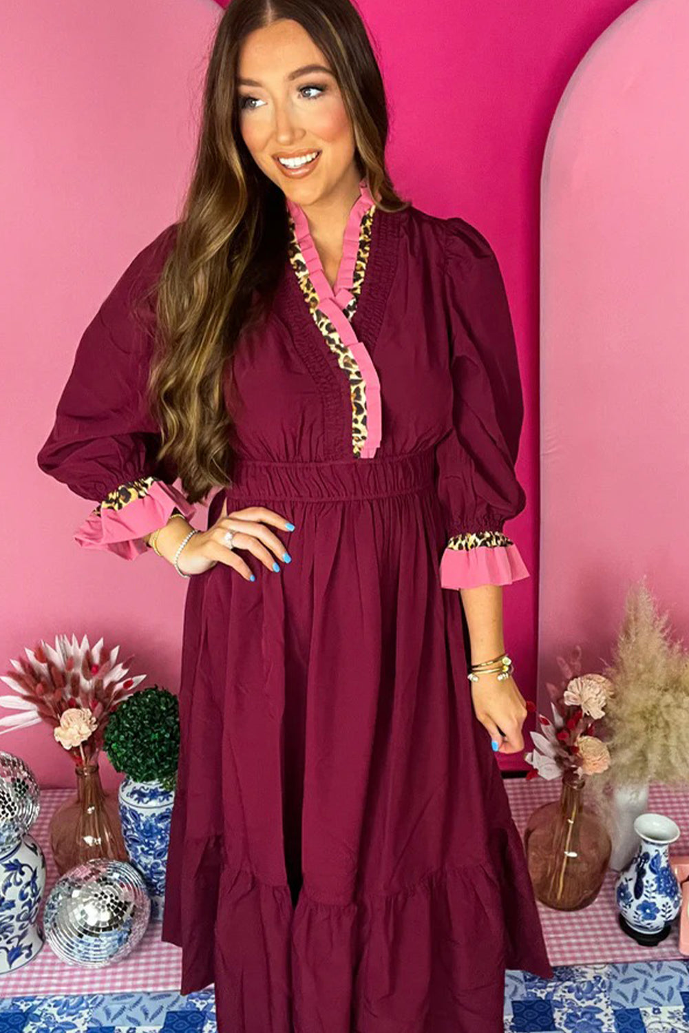 Burgundy Contrast Frilled Trim V Neck 3/4 Ruffled Sleeve Flowy Midi Dress