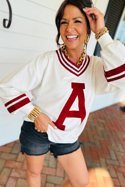 Red Dahlia Chenille Letter A Graphic Varsity Striped V Neck Puff Sleeve Sweatshirt