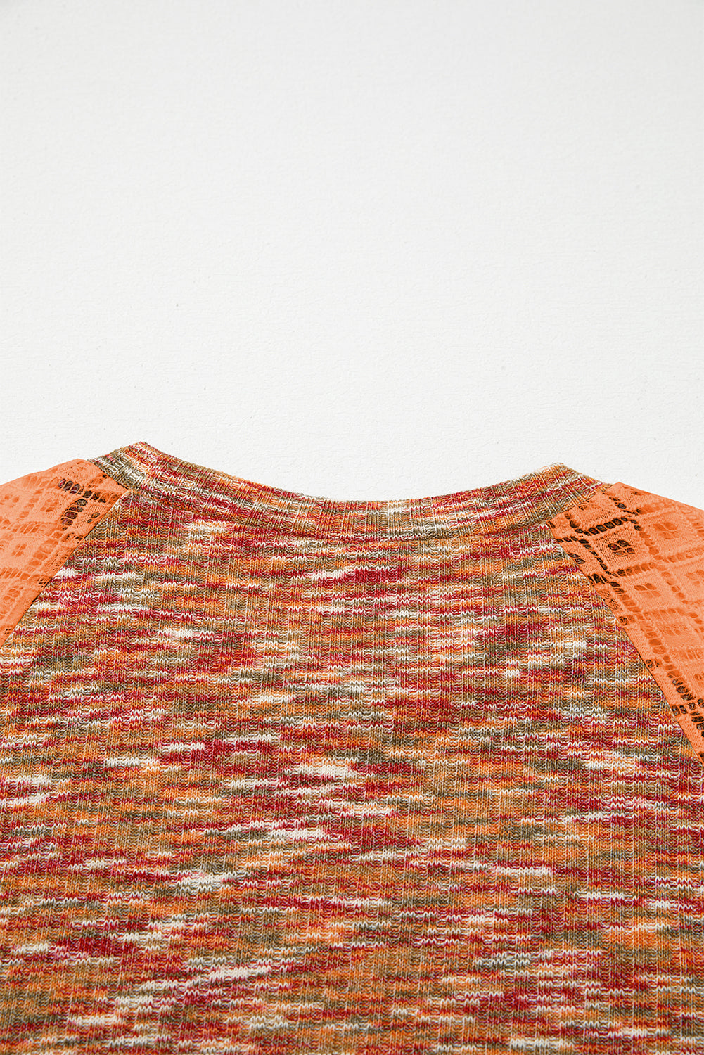 Orange Heathered Knit Lace Floral Patchwork Long Sleeve Blouse