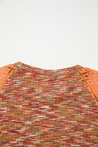 Orange Heathered Knit Lace Floral Patchwork Long Sleeve Blouse