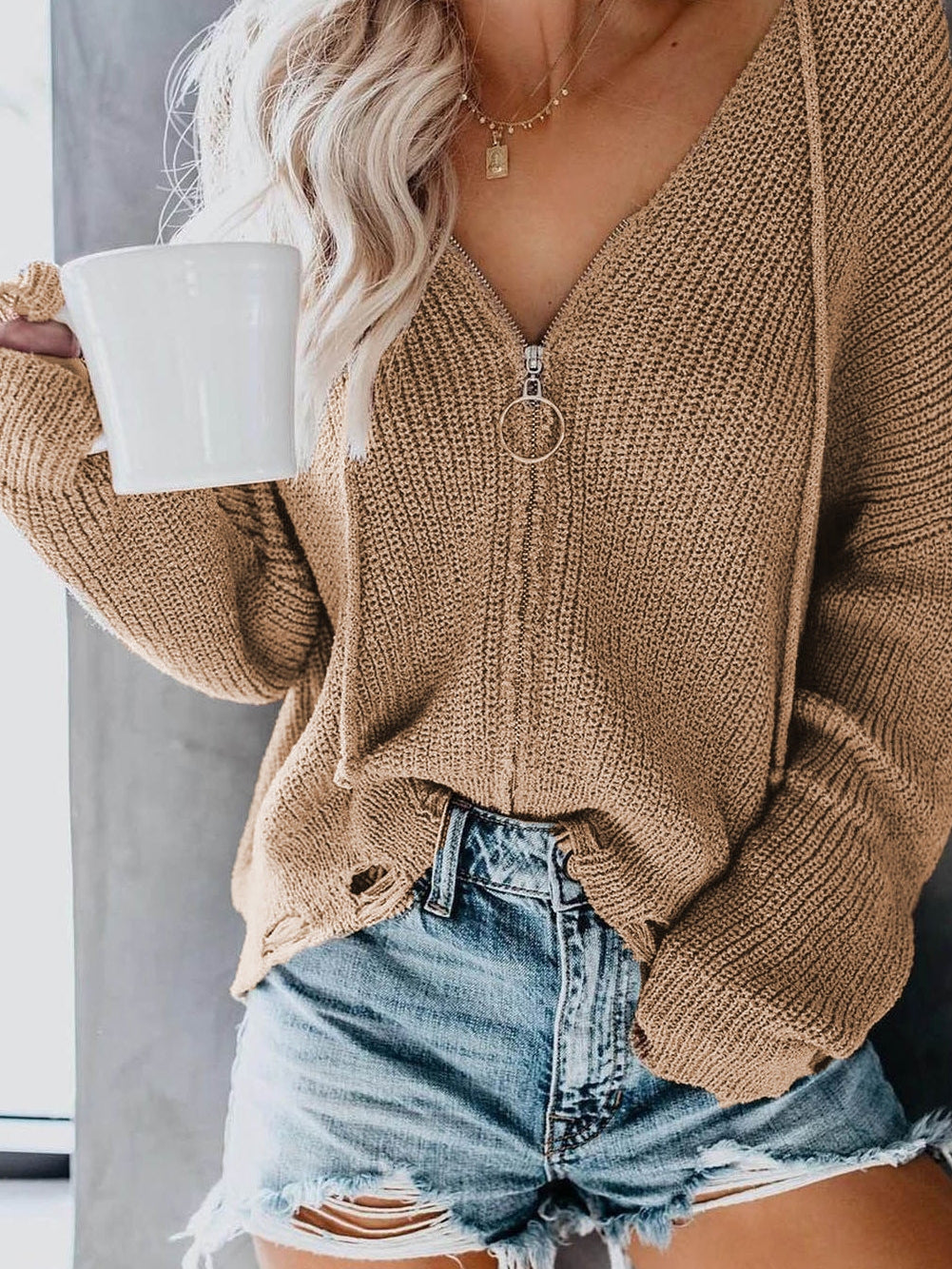 Khaki Hooded V-neck Zip-Up Solid Sweater with Dropped Sleeves