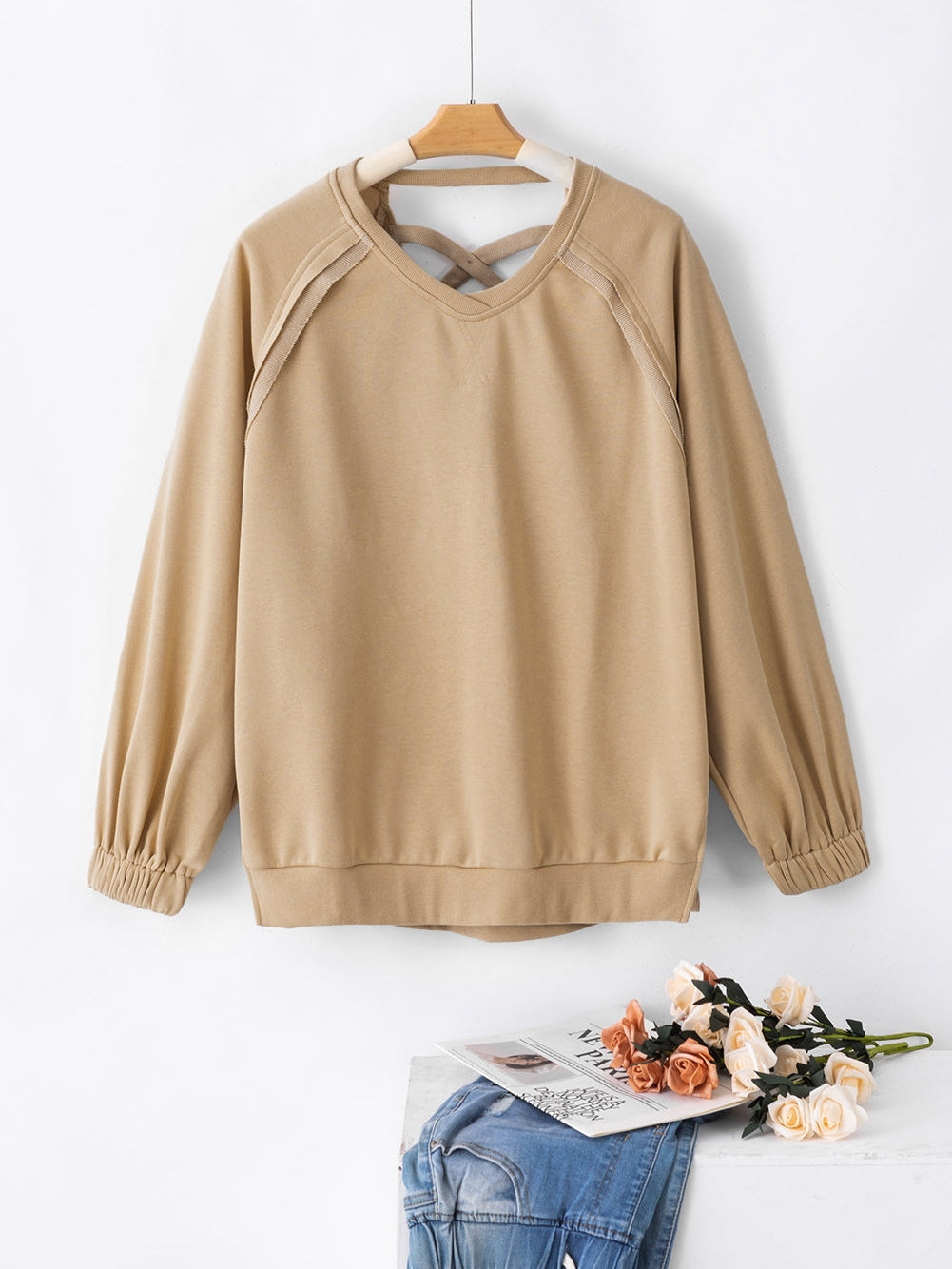 French Beige Lattice Hollow Out Back Sweatshirt for Casual Chic Comfort
