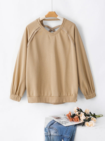 French Beige Lattice Hollow Out Back Sweatshirt for Casual Chic Comfort