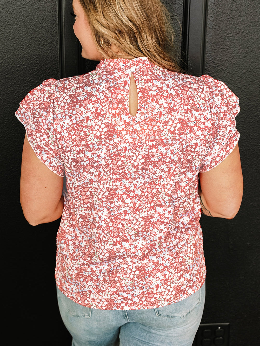 Pink Plus Size Floral Print Ruffled Sleeve Frilled Neck Blouse