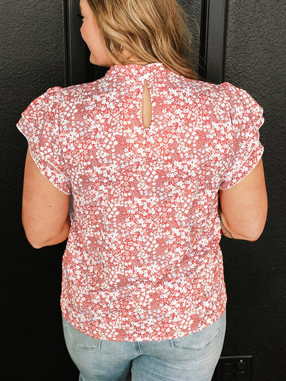 Pink Plus Size Floral Print Ruffled Sleeve Frilled Neck Blouse