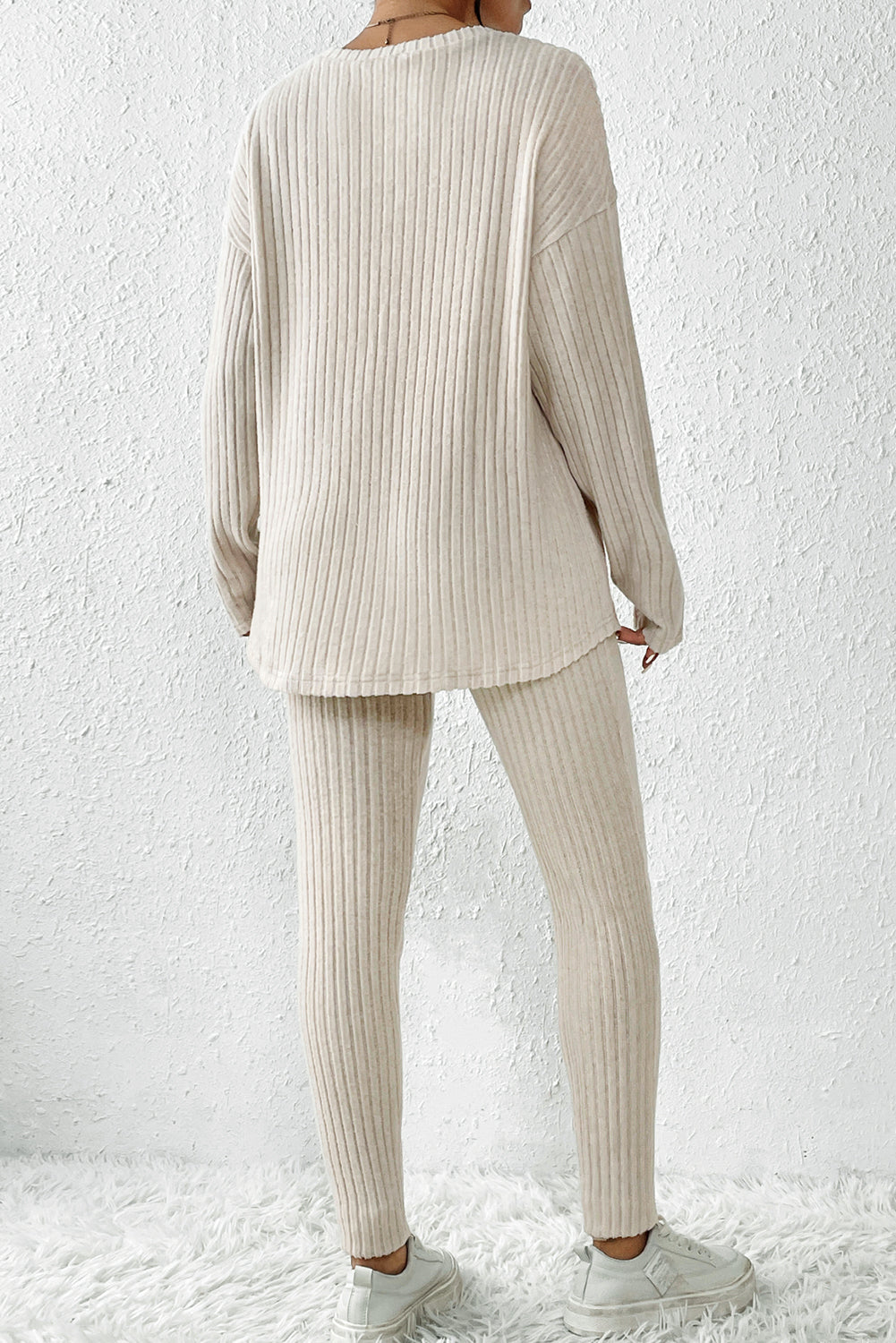 Apricot Ribbed Knit Lounge Set with Long Sleeve Top and Skinny Pants