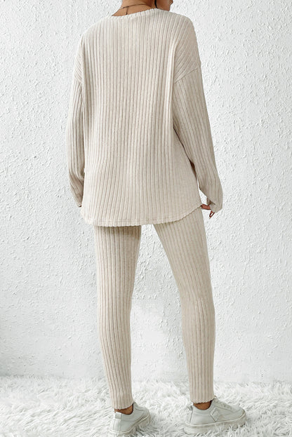 Apricot Ribbed Knit Lounge Set with Long Sleeve Top and Skinny Pants