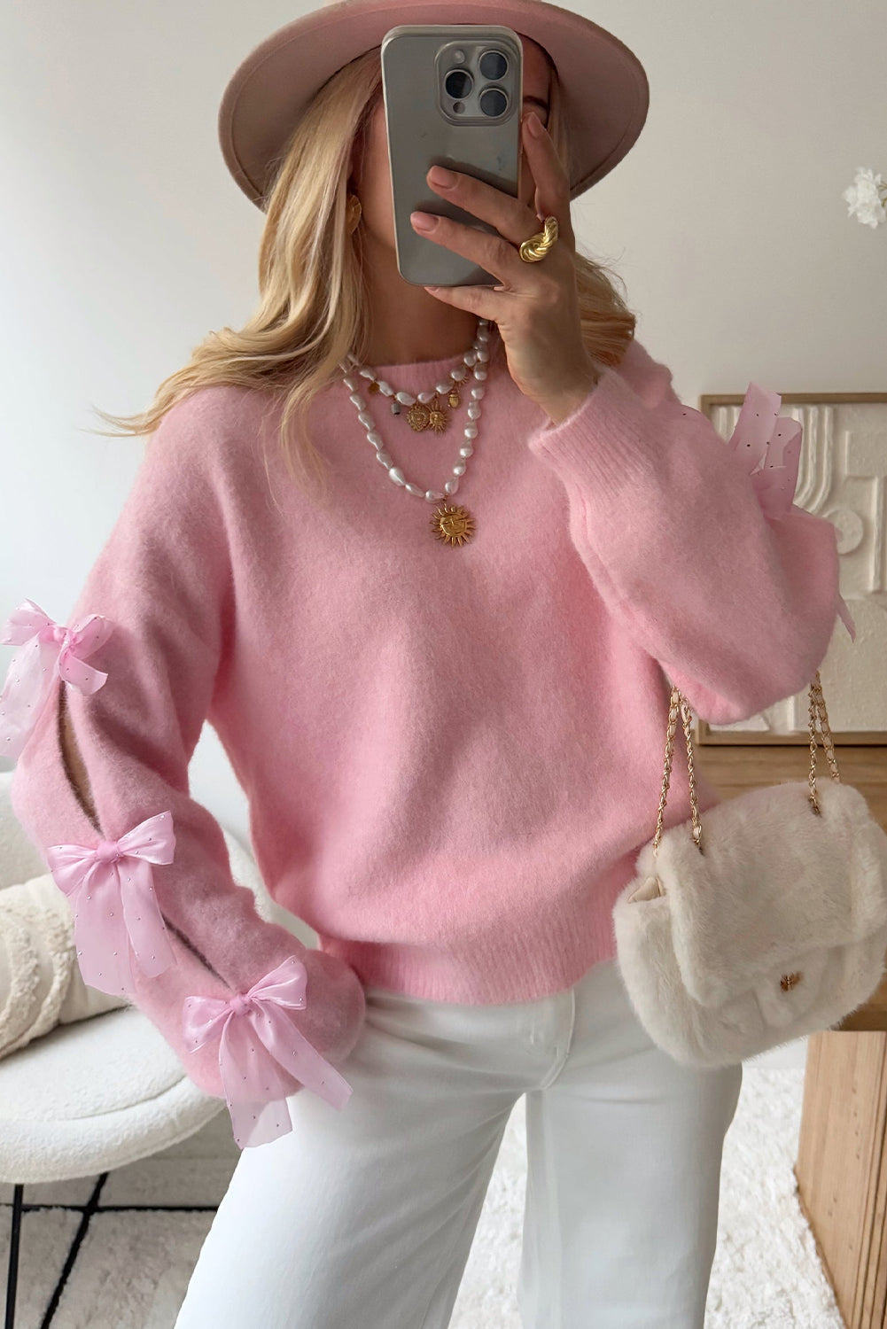 Pink Solid Color Knit Rhinestone Ribbon Bow Sleeve Decor Loose Sweater