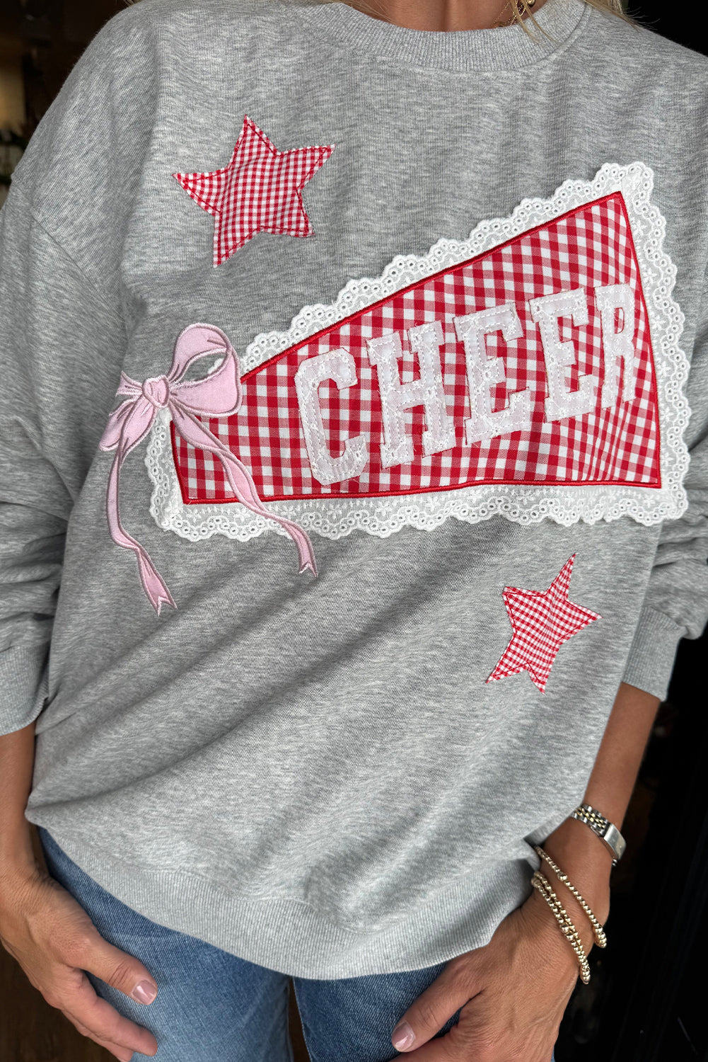 Light Grey Lace Plaid Patched CHEER Graphic Sweatshirt