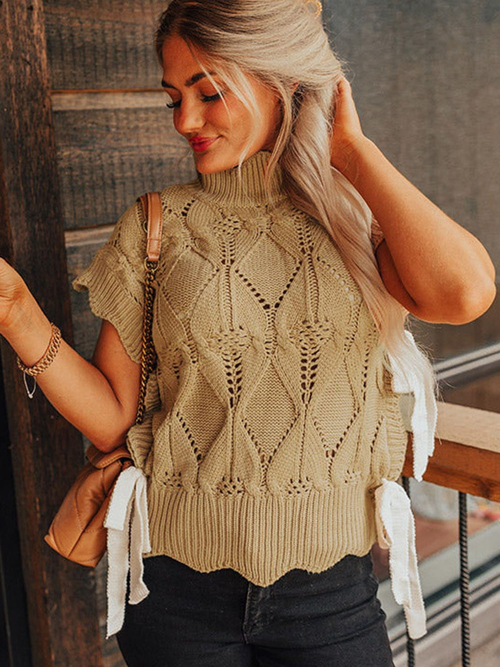 French Beige Scalloped Knit High Neck Sweater with Bow Accents