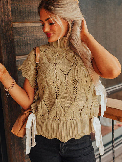 French Beige Scalloped Knit High Neck Sweater with Bow Accents