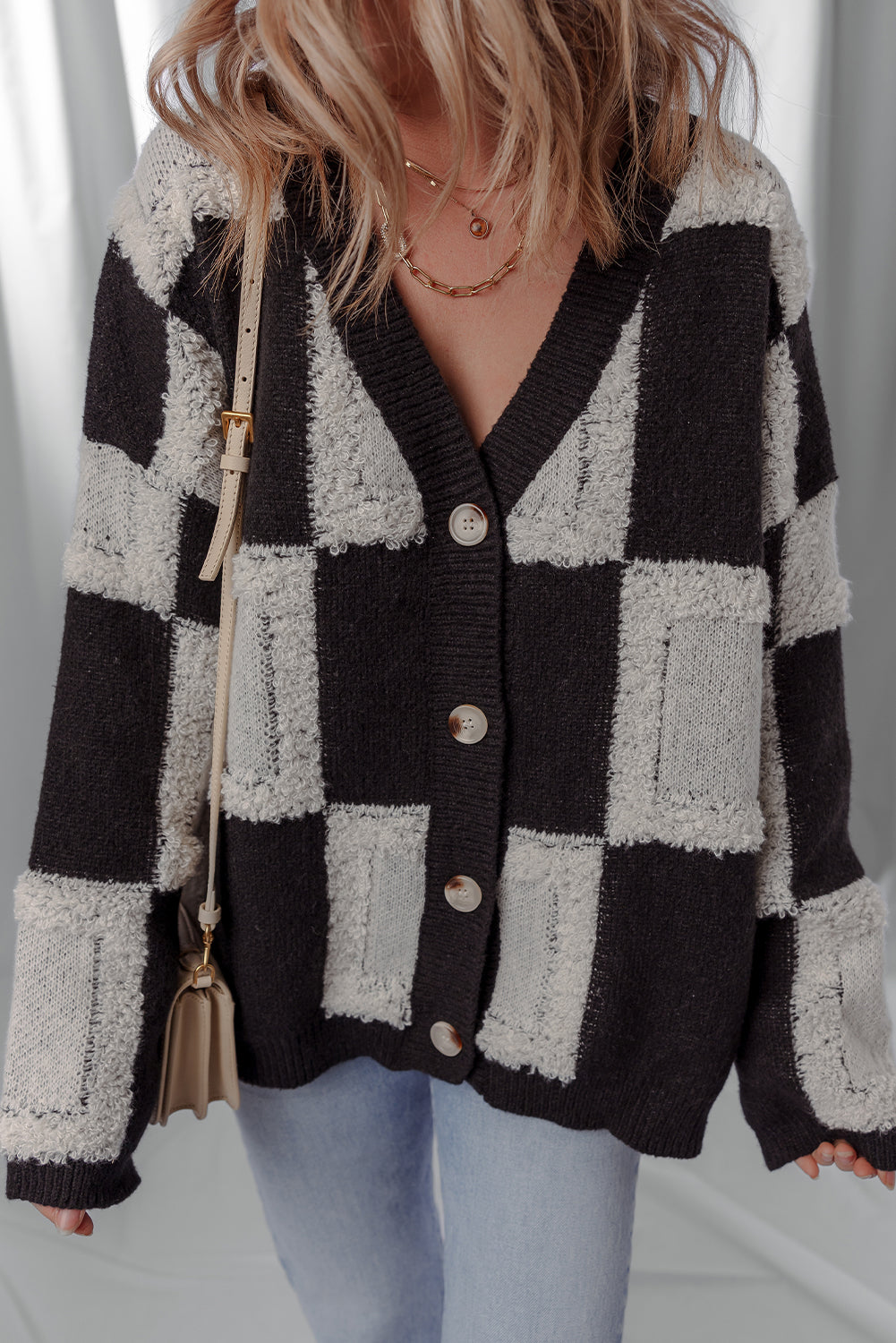 Black Button Front V Neck Checkered Pattern Knit Sweater Cardigan
