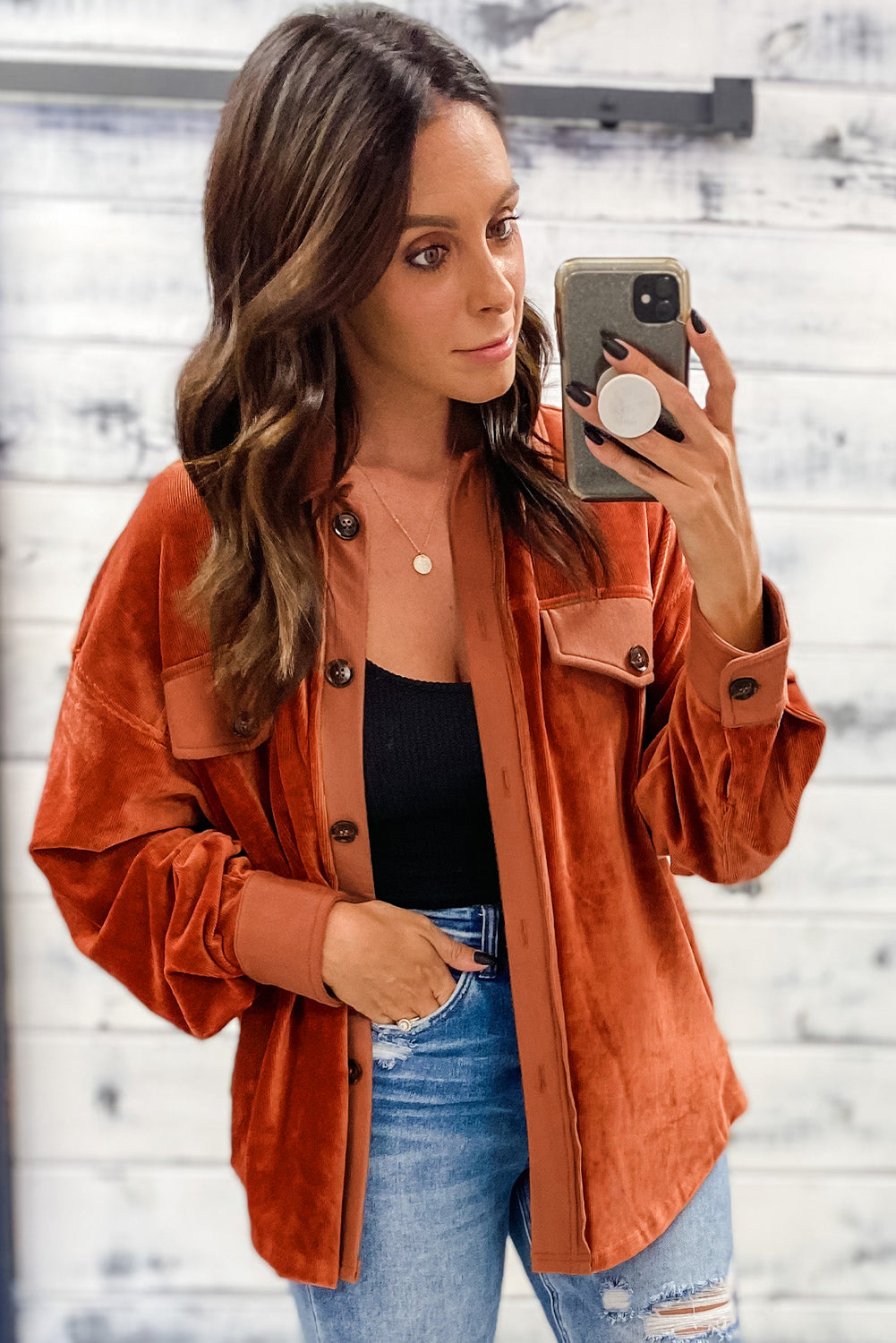 Gold Flame Velvet Flap Pockets Drop Shoulder Casual Shacket