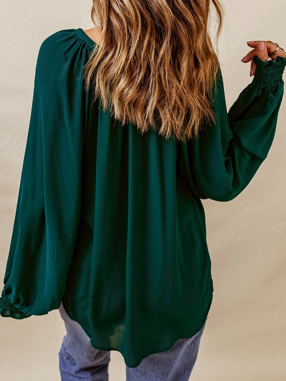 Elegant Green V Neck Puff Sleeve Top