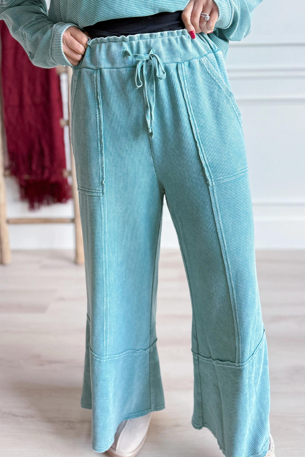 Lapis Mineral Wash Ribbed Patchwork V Neck Pullover Drawstring Pants 2pcs Outfit