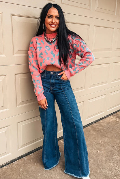 Pink Leopard Print Drop Shoulder Casual Sweater