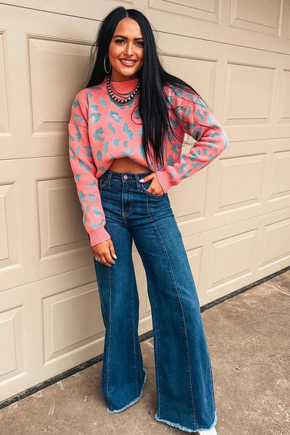 Pink Leopard Print Drop Shoulder Casual Sweater