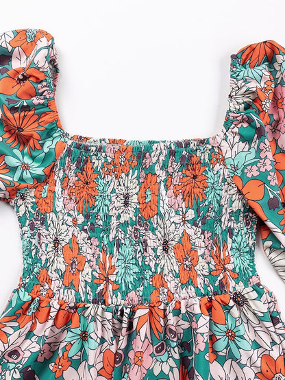 Floral Fantasy Smocked Puff Sleeve Peplum Top