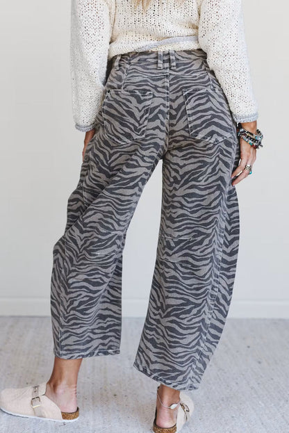 Gray Zebra Stripe Printed Wide Leg Jeans