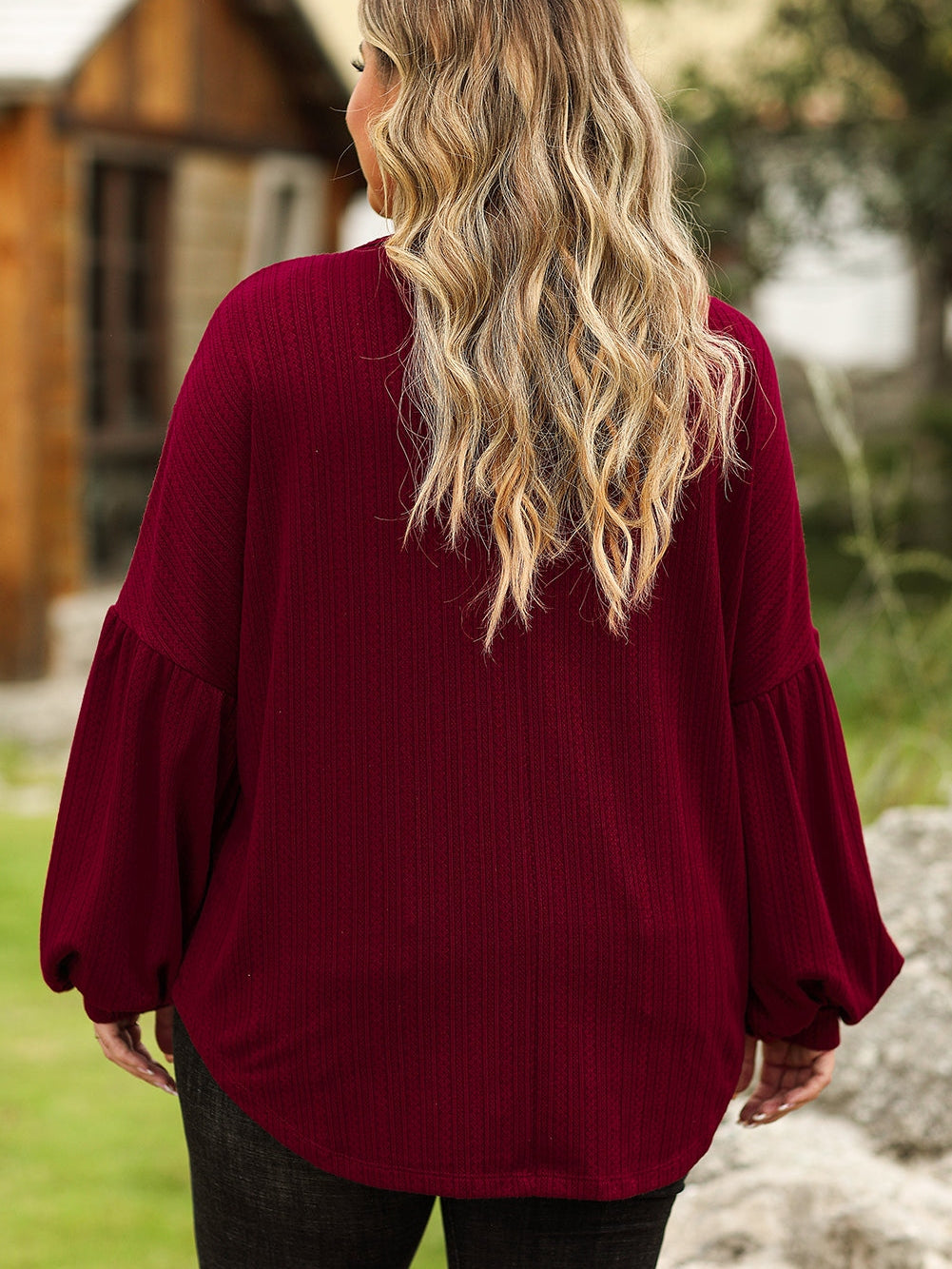 Crimson Dahlia Plus Size Jacquard Knit Bubble Sleeve Top