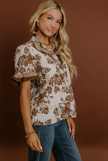 Brown Floral Striped Print Frilled Color Block Trim Short Sleeve Blouse