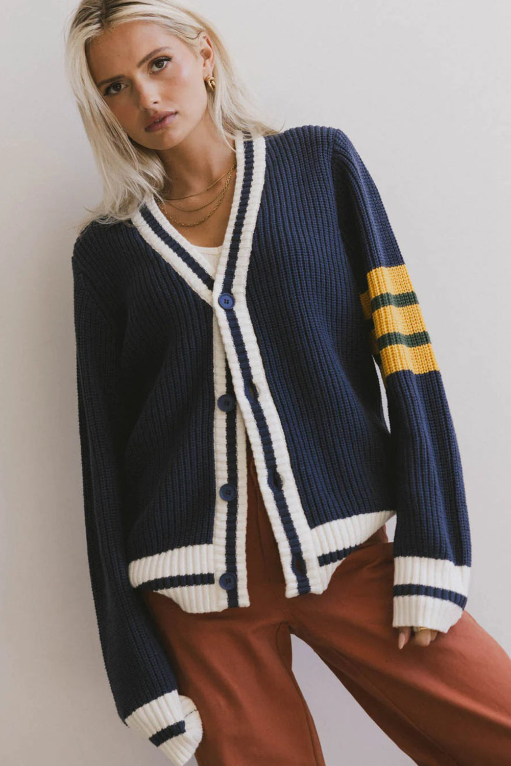 Dirty blue Ribbed Knit Striped Detail Button V Neck Preppy Sweater Cardigan