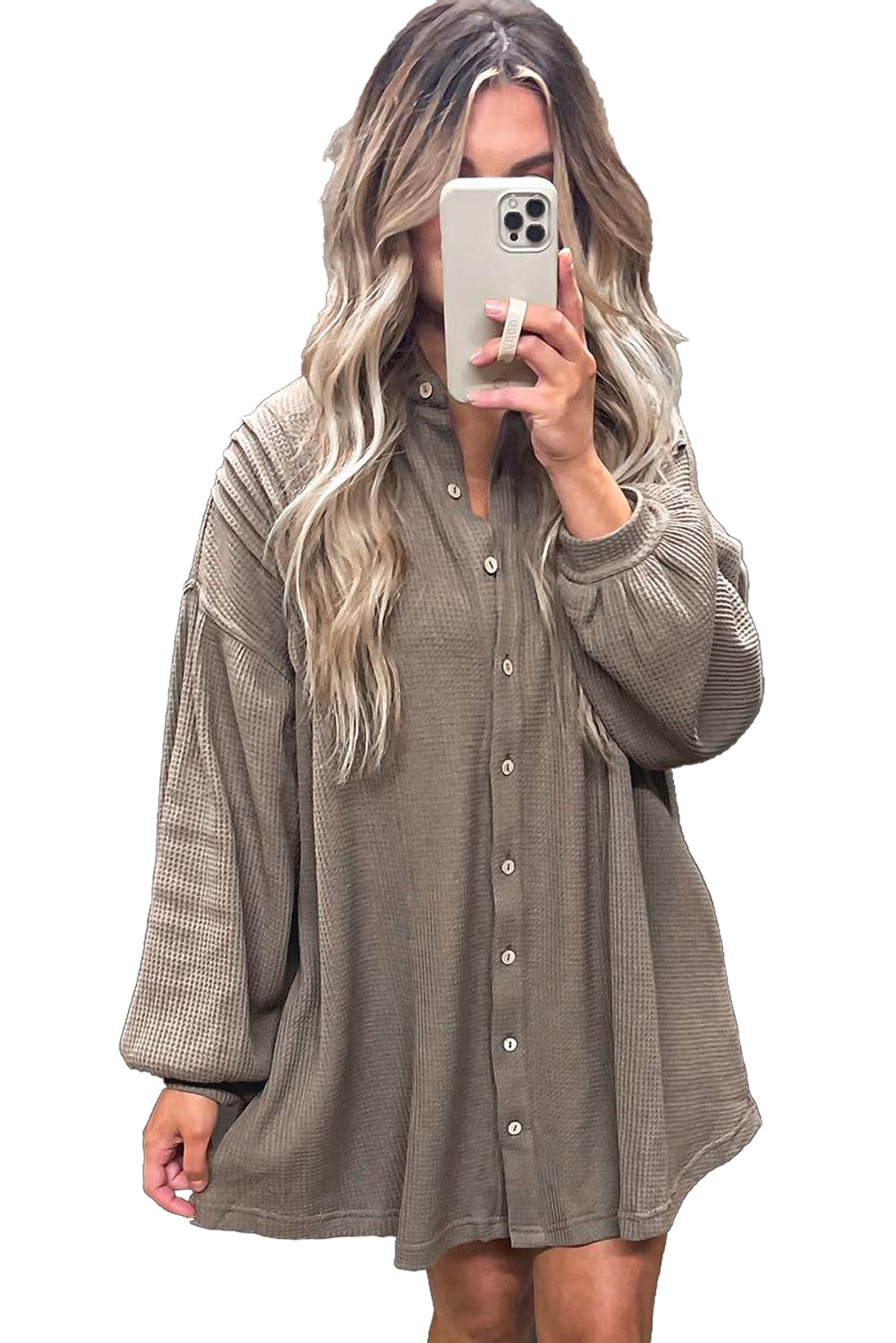 Simply Taupe Waffle Knit Shirt Tunic Dress