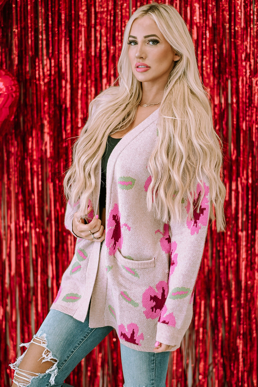 Elegant Pink Floral Knit Cardigan with Pockets