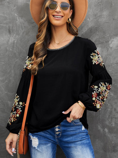Elegant Floral Embroidered Black Top