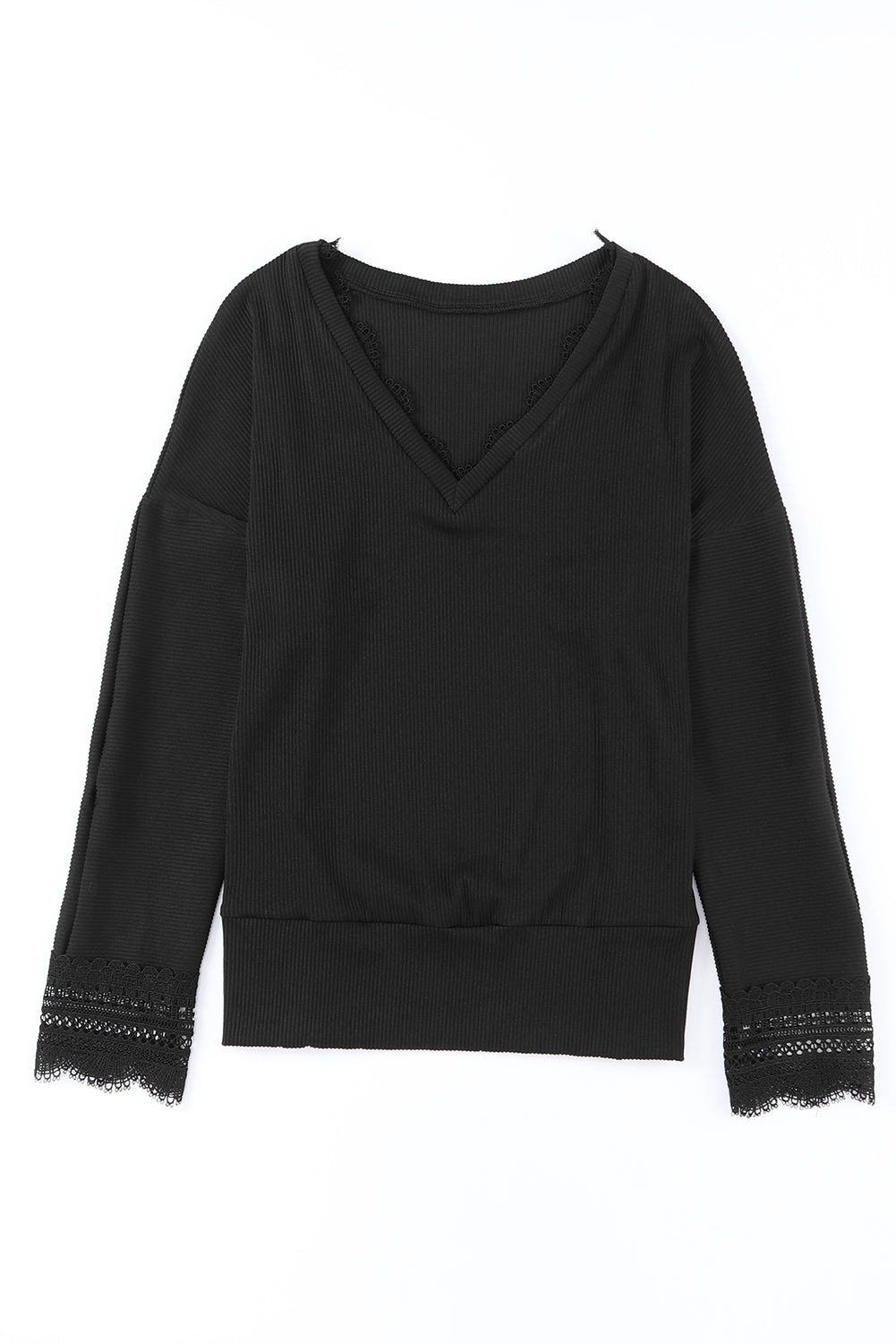 Elegant Black V Neck Lace Trim Ribbed Top with Long Sleeves
