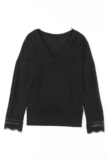 Elegant Black V Neck Lace Trim Ribbed Top with Long Sleeves