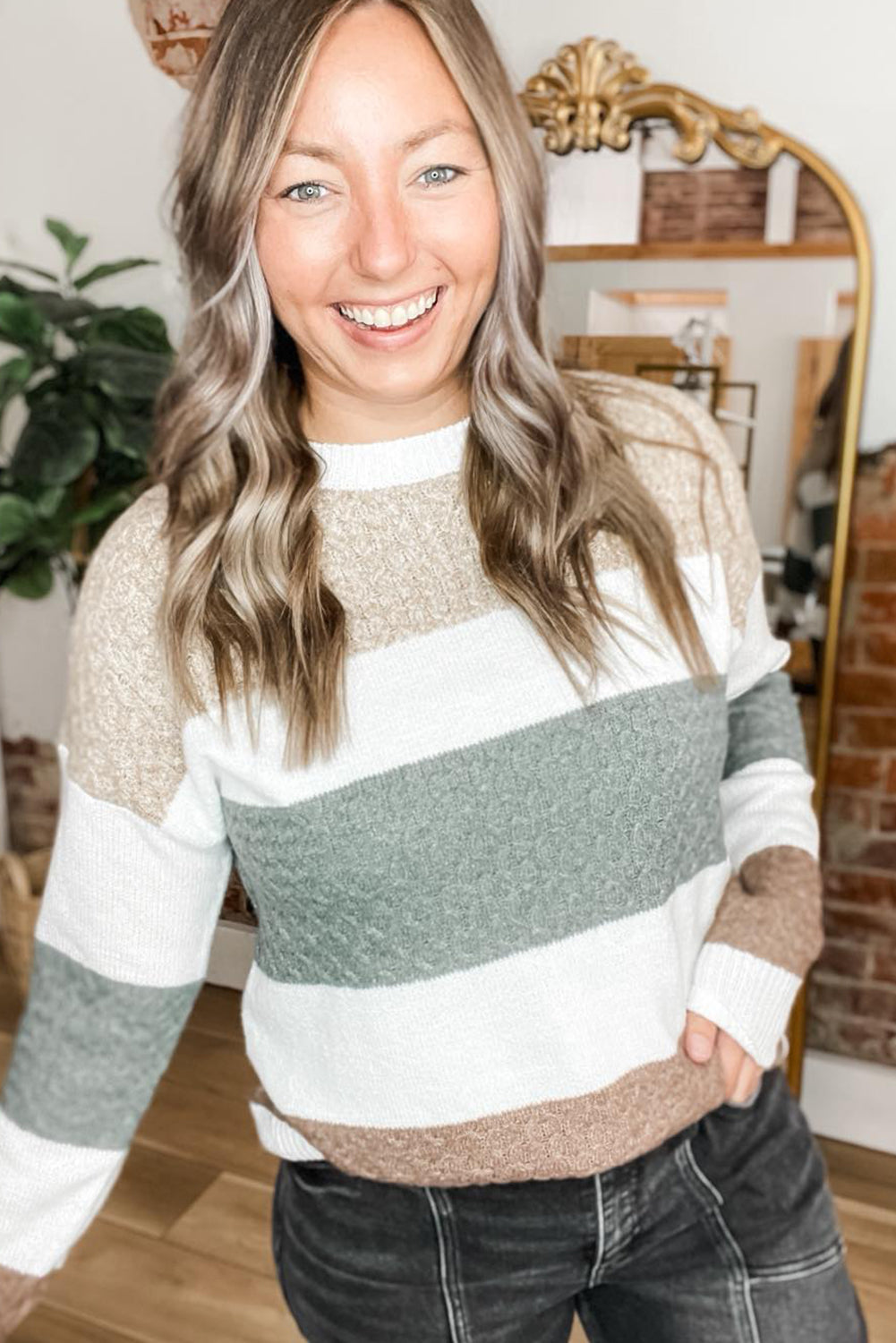 Green Mixed Texture Knit Striped Color Block Loose Sweater