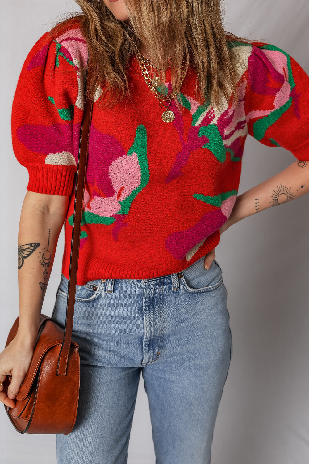 Red Floral Abstract Print Short Puff Sleeve Sweater