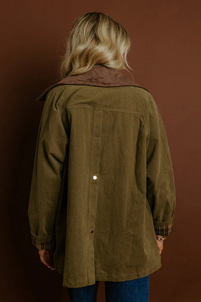 Moss Green Color Block Collar Patchwork Contrasted Leopard Liner Utility Jacket